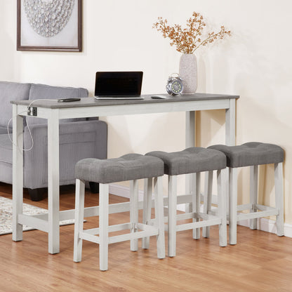 4 - Piece Bar Table Set with Power Outlet | White & Grey Sofa Table with 3 Stools - 1st Choice Furniture Direct