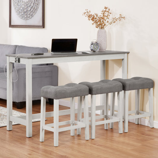 4 - Piece Bar Table Set with Power Outlet | White & Grey Sofa Table with 3 Stools - 1st Choice Furniture Direct