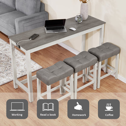 4 - Piece Bar Table Set with Power Outlet | White & Grey Sofa Table with 3 Stools - 1st Choice Furniture Direct
