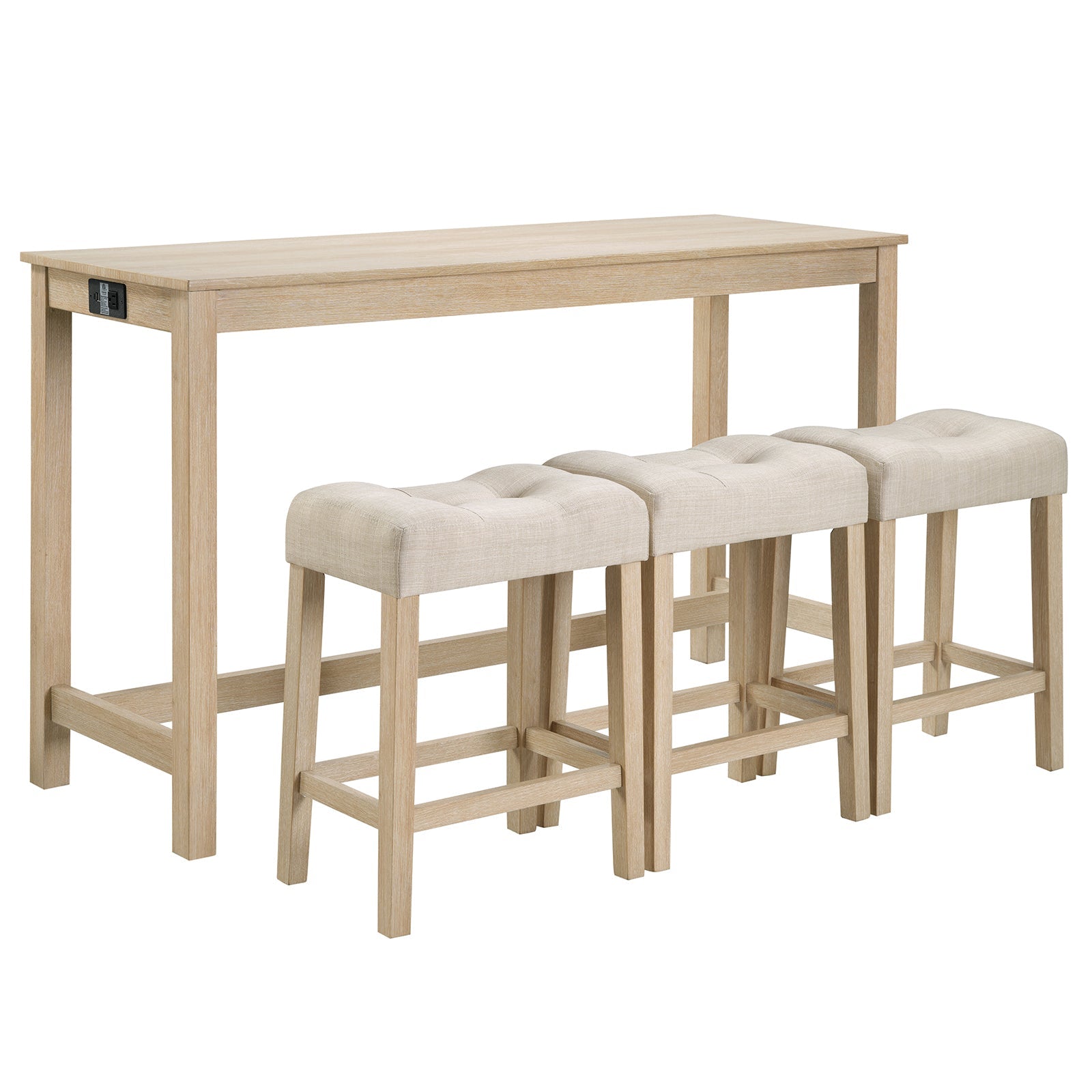 4 Piece Bar Table Set with Power Outlet,Bar Table Set with Chairs,Sofa Bar Table with Stools,Behind Couch Table with 3 Padded Stools for Living Room,Dining room, Light Oak - 1st Choice Furniture Direct