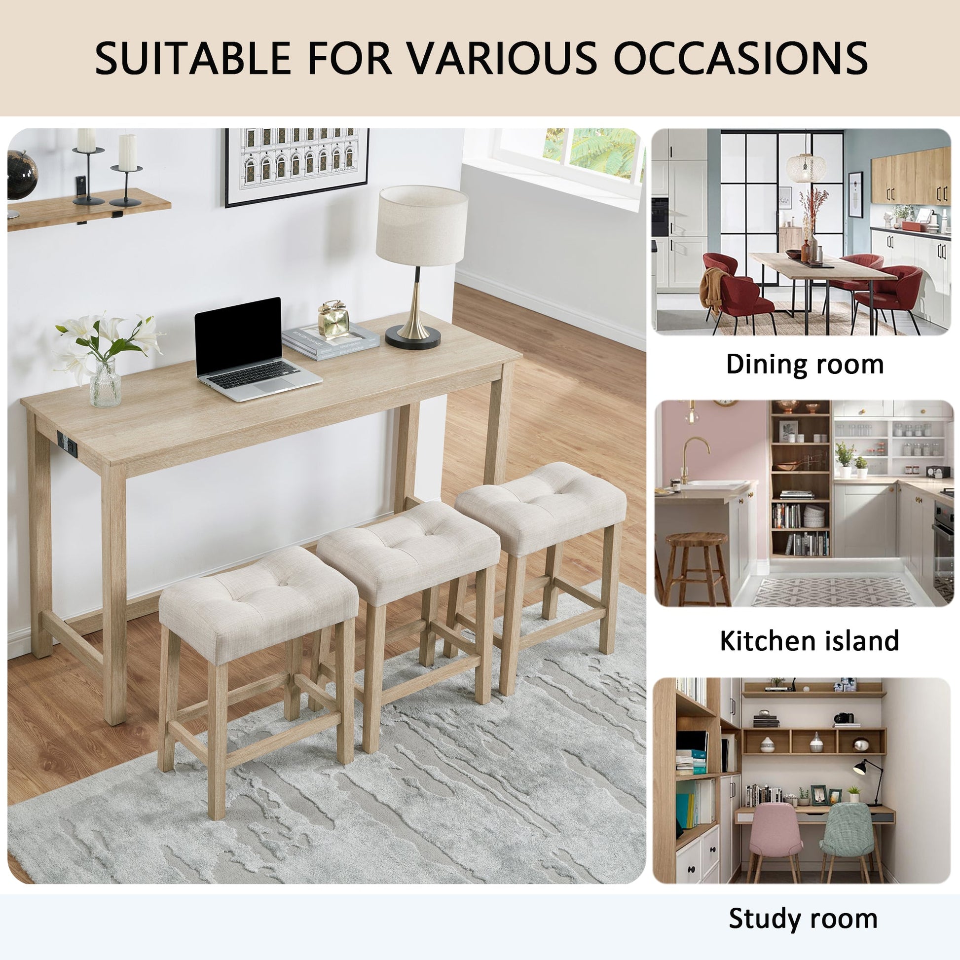 4 Piece Bar Table Set with Power Outlet,Bar Table Set with Chairs,Sofa Bar Table with Stools,Behind Couch Table with 3 Padded Stools for Living Room,Dining room, Light Oak - 1st Choice Furniture Direct