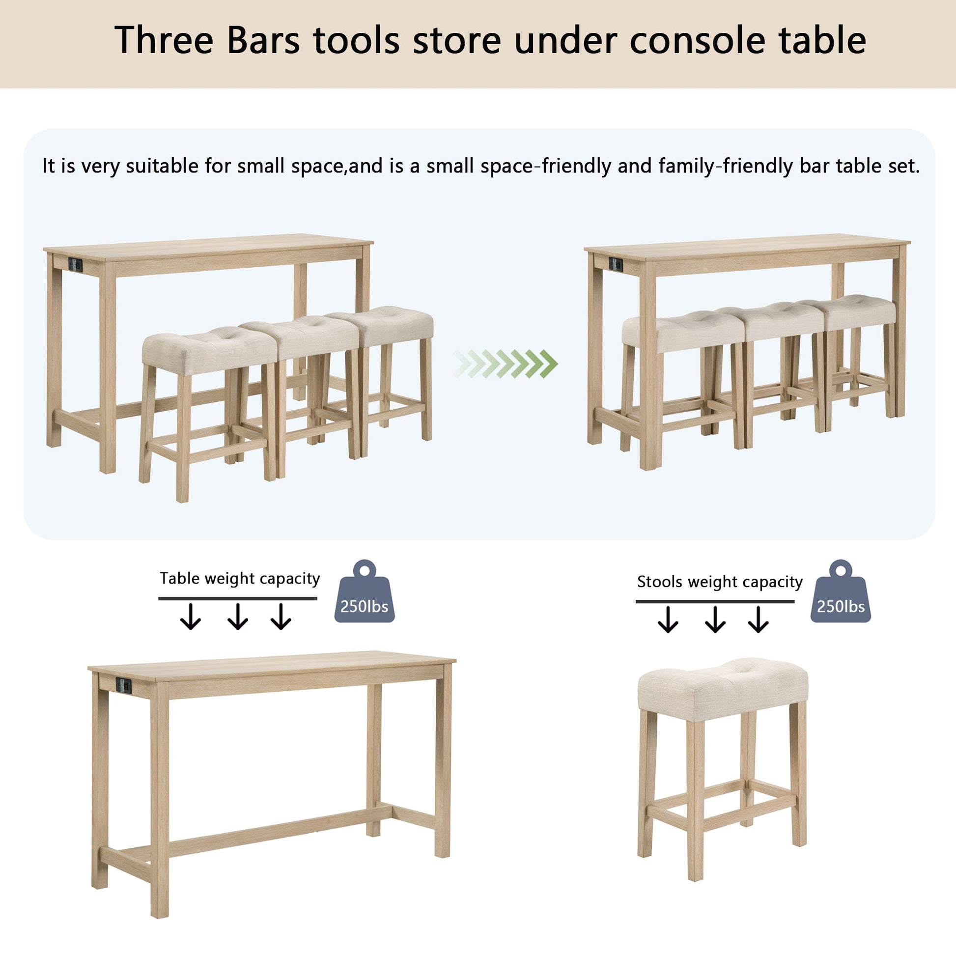 4 Piece Bar Table Set with Power Outlet,Bar Table Set with Chairs,Sofa Bar Table with Stools,Behind Couch Table with 3 Padded Stools for Living Room,Dining room, Light Oak - 1st Choice Furniture Direct