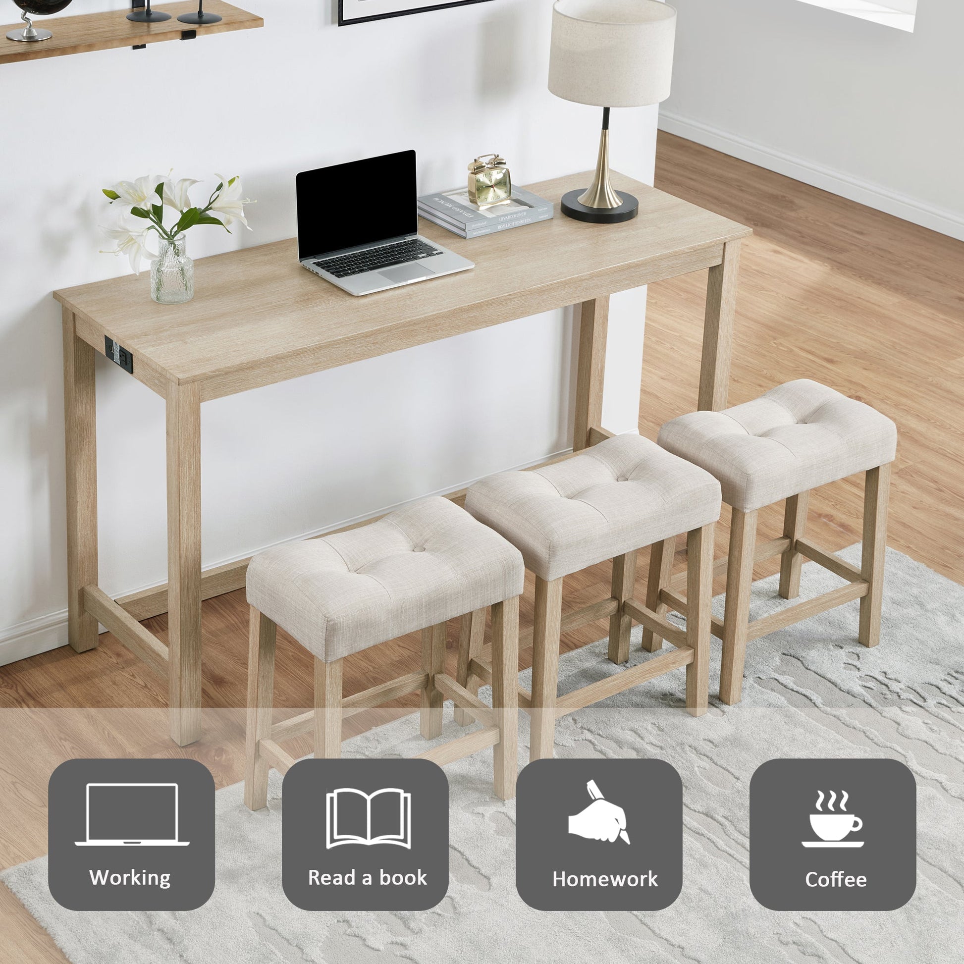 4 Piece Bar Table Set with Power Outlet,Bar Table Set with Chairs,Sofa Bar Table with Stools,Behind Couch Table with 3 Padded Stools for Living Room,Dining room, Light Oak - 1st Choice Furniture Direct