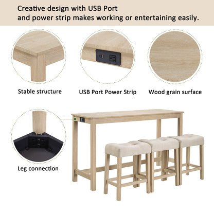 4 Piece Bar Table Set with Power Outlet,Bar Table Set with Chairs,Sofa Bar Table with Stools,Behind Couch Table with 3 Padded Stools for Living Room,Dining room, Light Oak - 1st Choice Furniture Direct