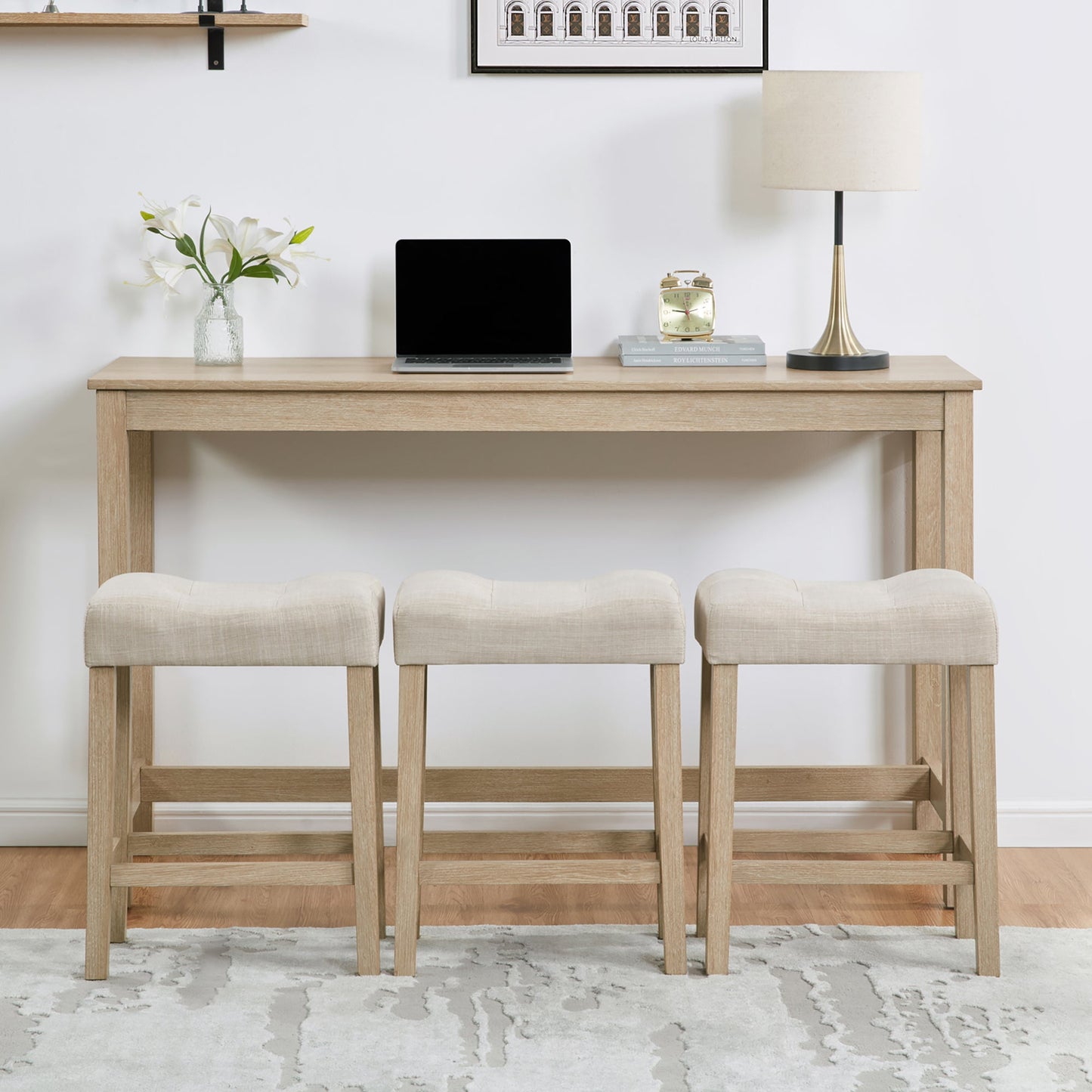 4 Piece Bar Table Set with Power Outlet,Bar Table Set with Chairs,Sofa Bar Table with Stools,Behind Couch Table with 3 Padded Stools for Living Room,Dining room, Light Oak - 1st Choice Furniture Direct