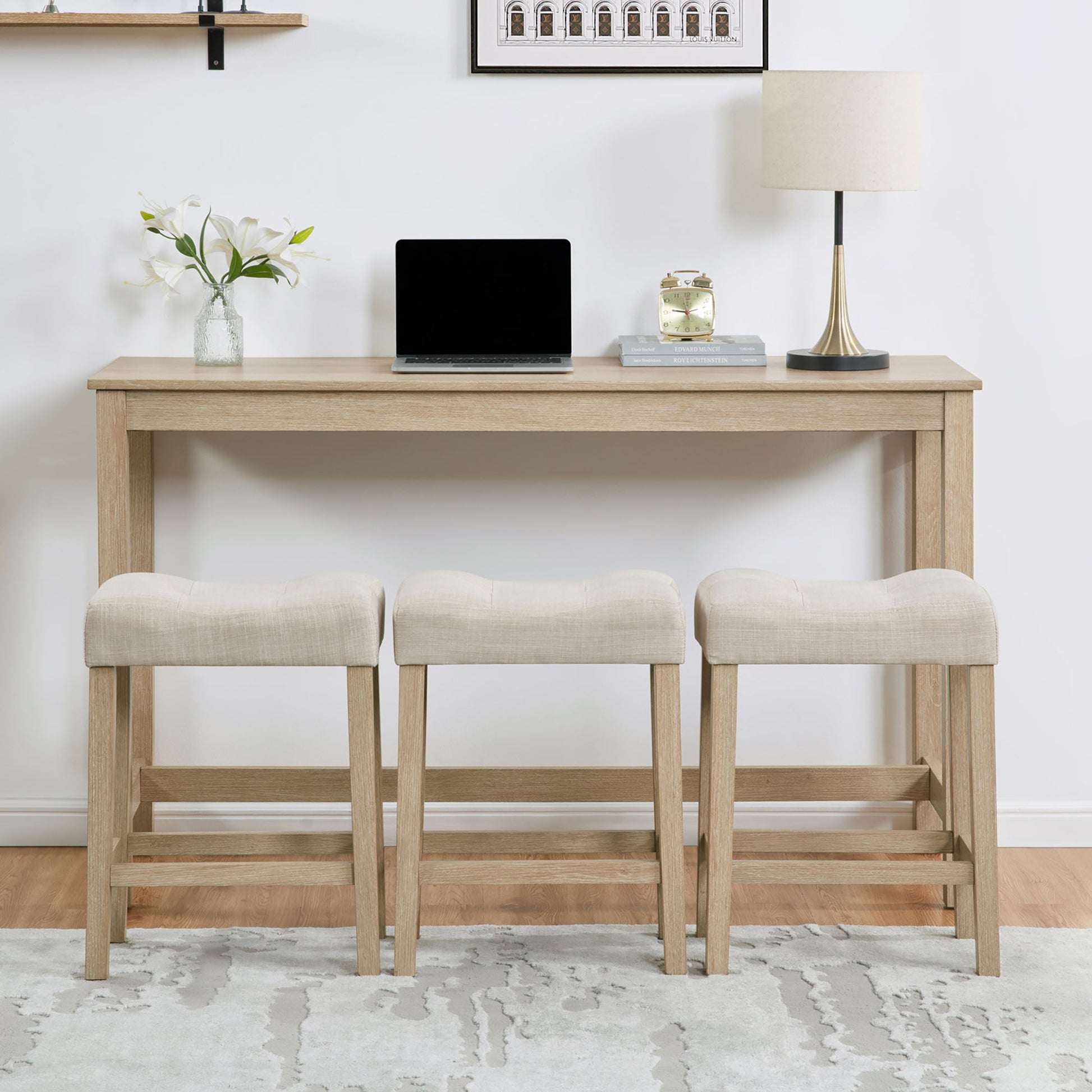 4 Piece Bar Table Set with Power Outlet,Bar Table Set with Chairs,Sofa Bar Table with Stools,Behind Couch Table with 3 Padded Stools for Living Room,Dining room, Light Oak - 1st Choice Furniture Direct