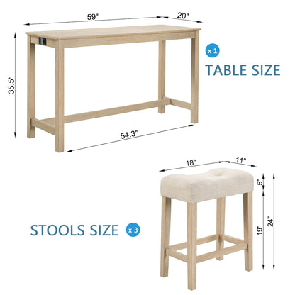 4 Piece Bar Table Set with Power Outlet,Bar Table Set with Chairs,Sofa Bar Table with Stools,Behind Couch Table with 3 Padded Stools for Living Room,Dining room, Light Oak - 1st Choice Furniture Direct