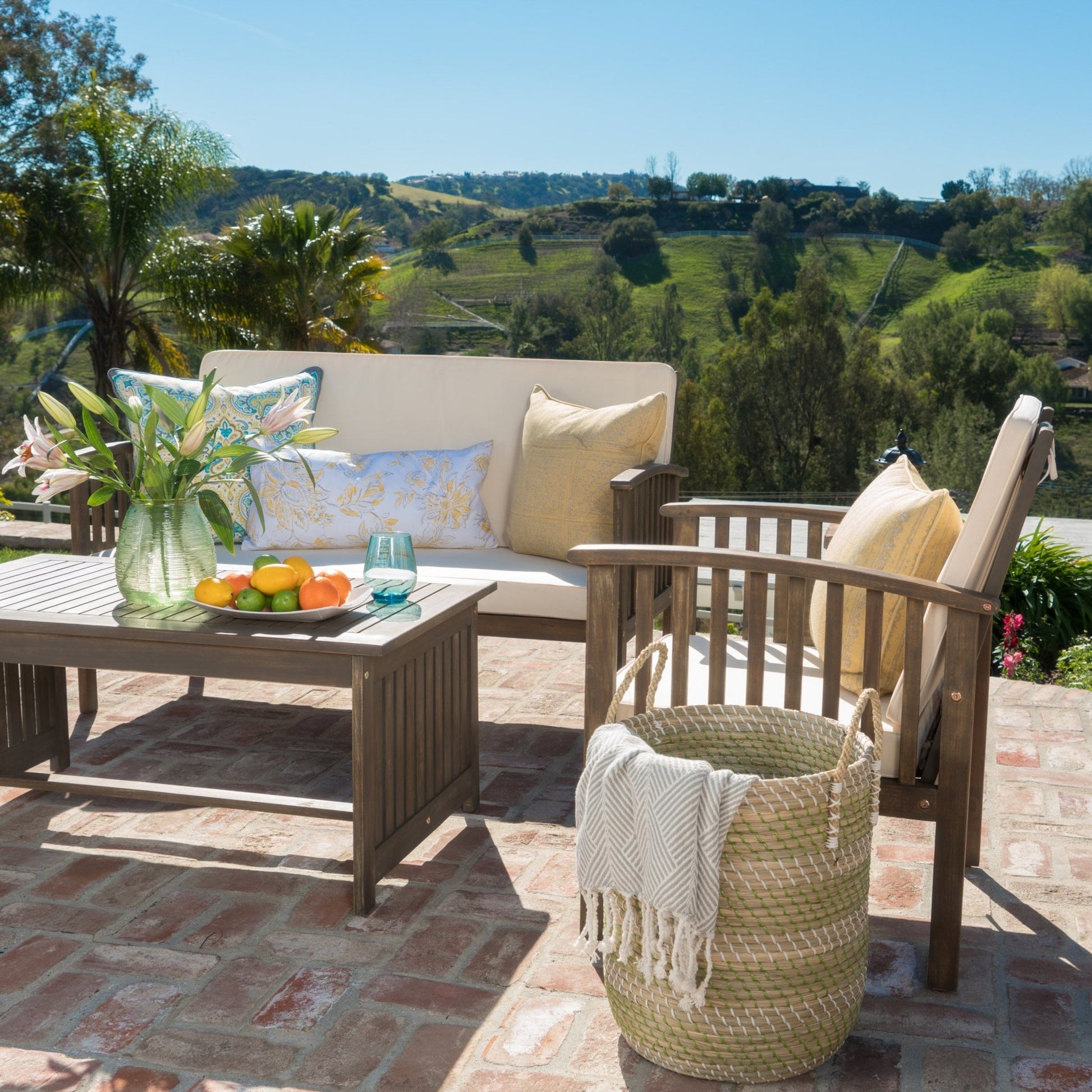 4 - Piece Outdoor Chat Set with Water Resistant Cushion and Wood Frame, Cream and Grey - 1st Choice Furniture Direct