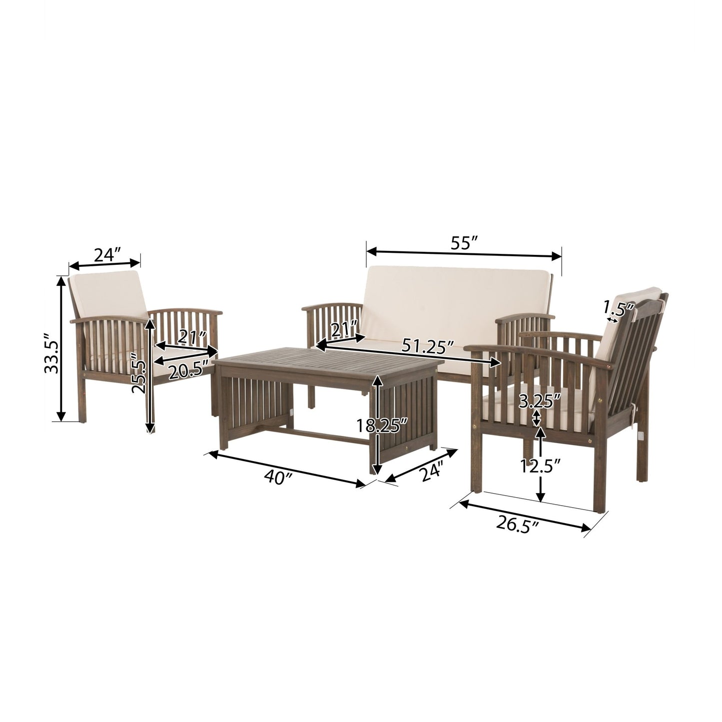 4 - Piece Outdoor Chat Set with Water Resistant Cushion and Wood Frame, Cream and Grey - 1st Choice Furniture Direct