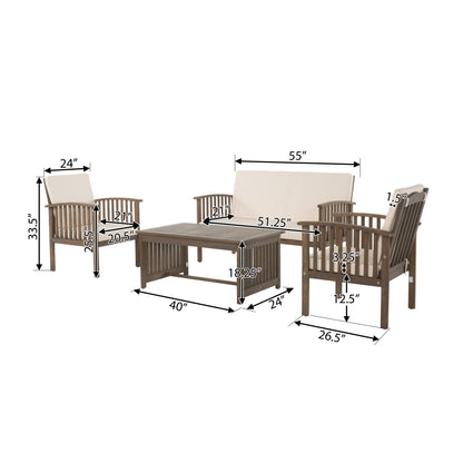 4 - Piece Outdoor Chat Set with Water Resistant Cushion and Wood Frame, Cream and Grey - 1st Choice Furniture Direct
