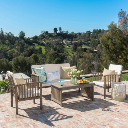 4 - Piece Outdoor Chat Set with Water Resistant Cushion and Wood Frame, Cream and Grey - 1st Choice Furniture Direct