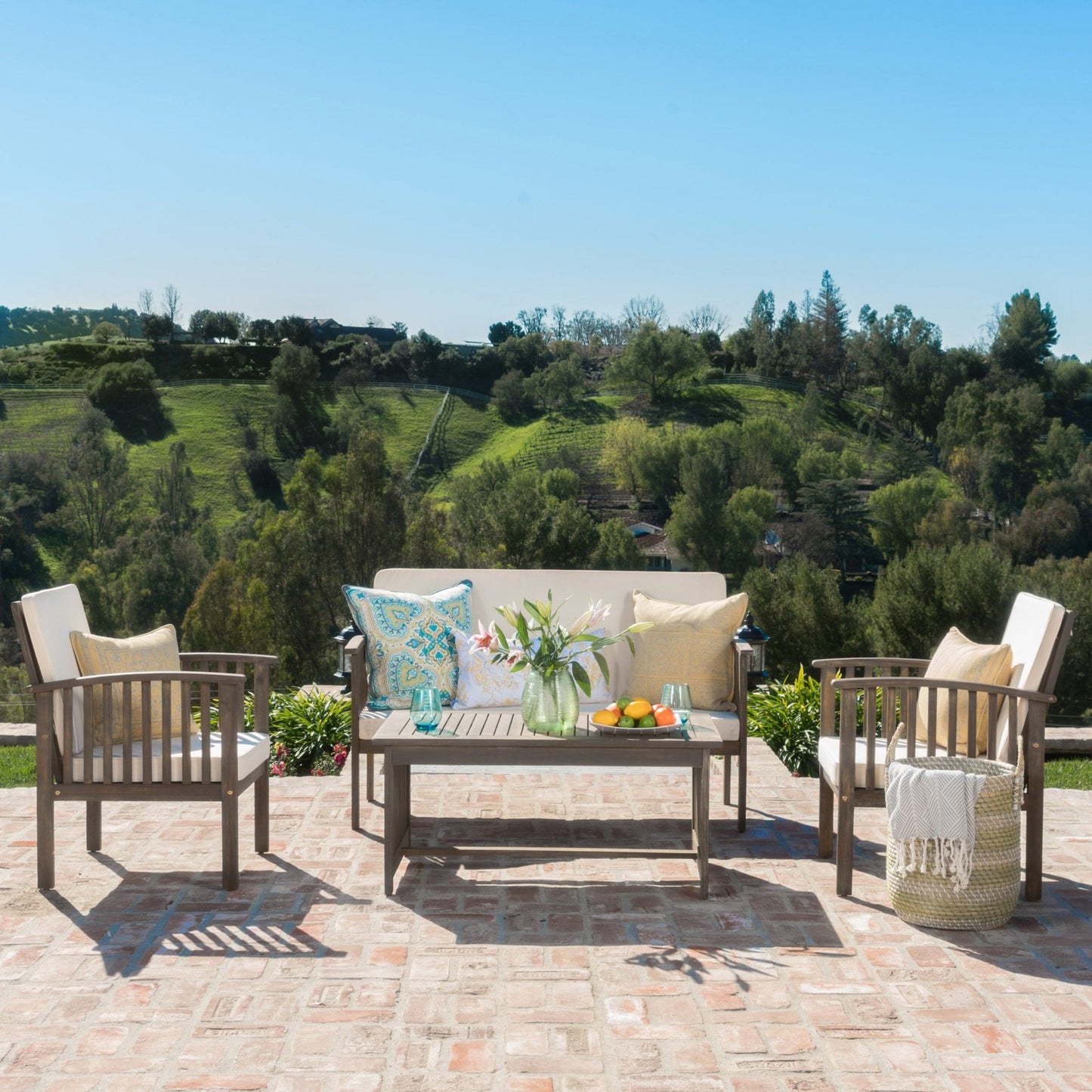 4 - Piece Outdoor Chat Set with Water Resistant Cushion and Wood Frame, Cream and Grey - 1st Choice Furniture Direct
