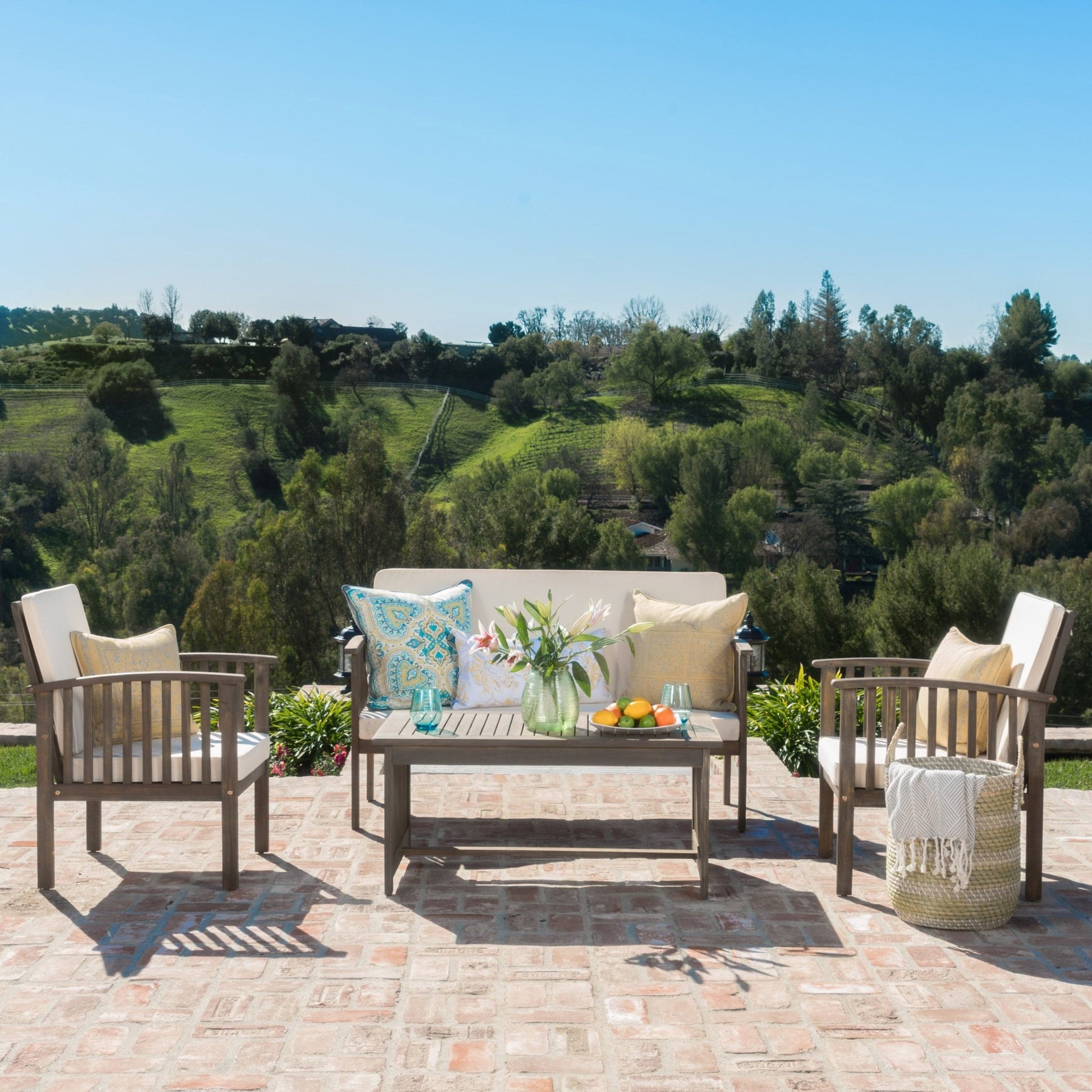 4 - Piece Outdoor Chat Set with Water Resistant Cushion and Wood Frame, Cream and Grey - 1st Choice Furniture Direct