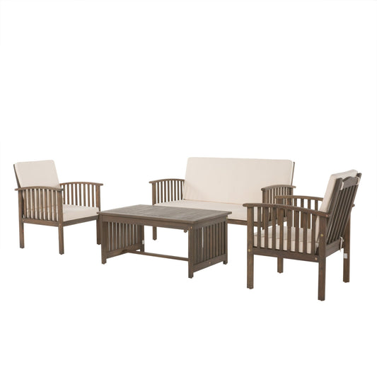 4 - Piece Outdoor Chat Set with Water Resistant Cushion and Wood Frame, Cream and Grey - 1st Choice Furniture Direct