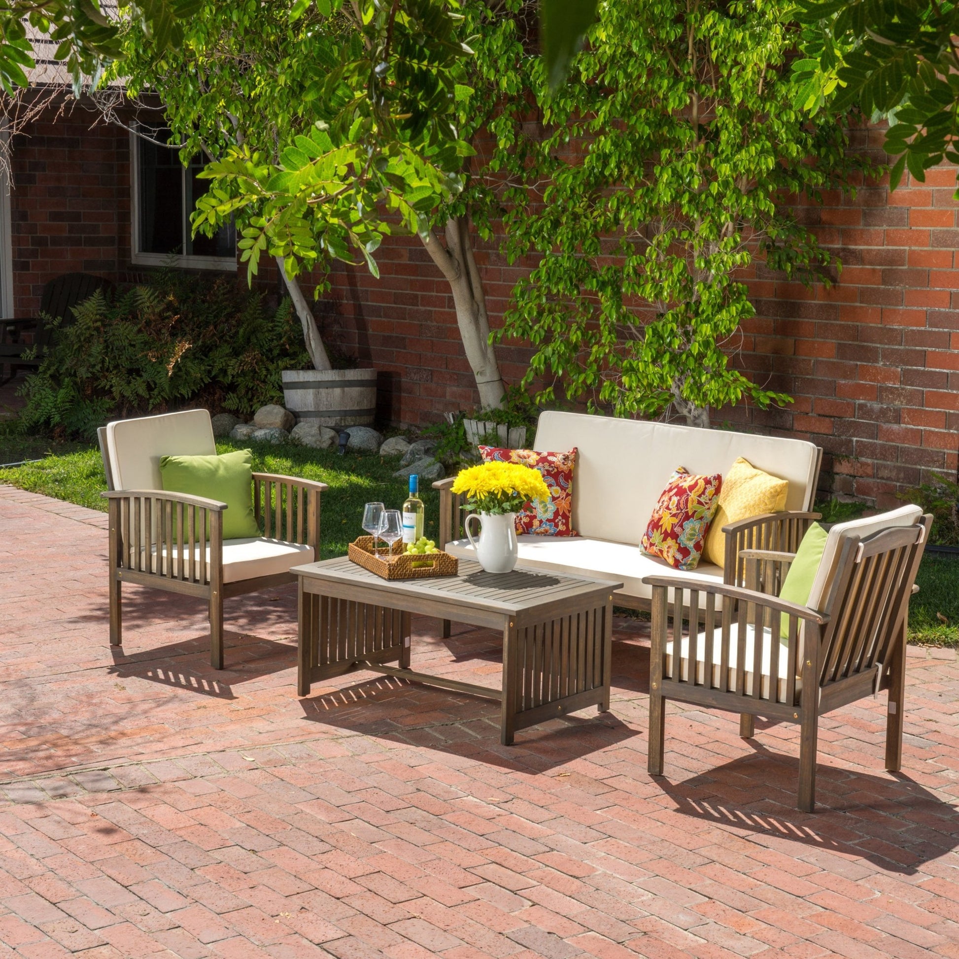 4 - Piece Outdoor Chat Set with Water Resistant Cushion and Wood Frame, Cream and Grey - 1st Choice Furniture Direct