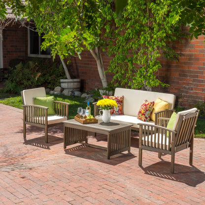4 - Piece Outdoor Chat Set with Water Resistant Cushion and Wood Frame, Cream and Grey - 1st Choice Furniture Direct