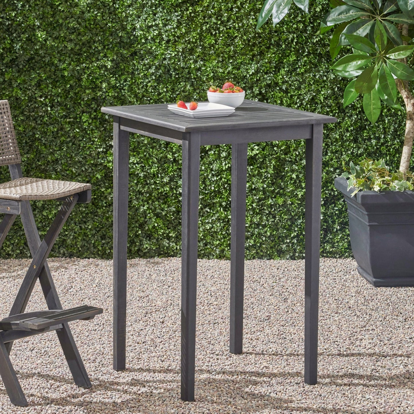 40' Outdoor Minimalist Acacia Wood Square Bar Table, Dark Gray Finish - 1st Choice Furniture Direct