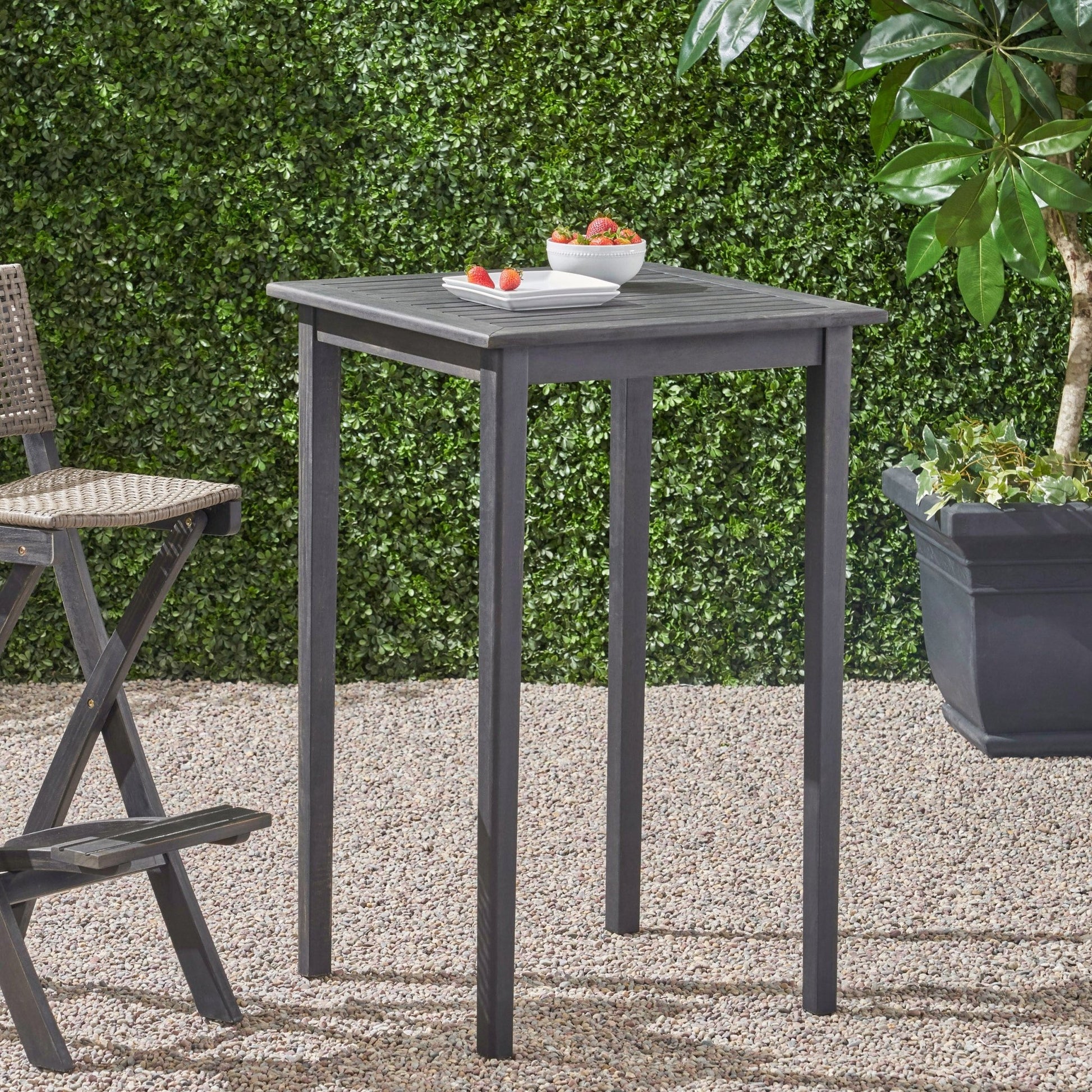 40' Outdoor Minimalist Acacia Wood Square Bar Table, Dark Gray Finish - 1st Choice Furniture Direct