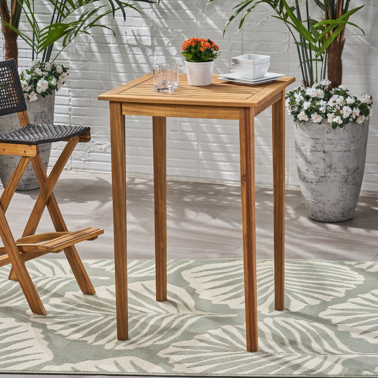 40' Outdoor Minimalist Acacia Wood Square Bar Table, Teak Finish - 1st Choice Furniture Direct