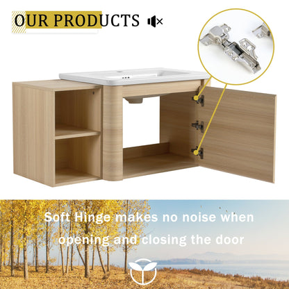 40'' Wall - Mounted Bathroom Vanity with White Ceramic Sink and Storage Shelves & 1 - Soft - Close Door, KD - Packing, Plywood, American White Oak - 1st Choice Furniture Direct