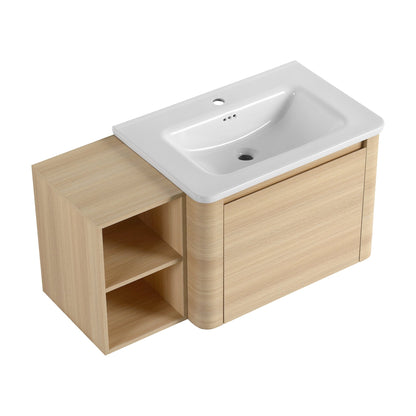 40'' Wall - Mounted Bathroom Vanity with White Ceramic Sink and Storage Shelves & 1 - Soft - Close Door, KD - Packing, Plywood, American White Oak - 1st Choice Furniture Direct