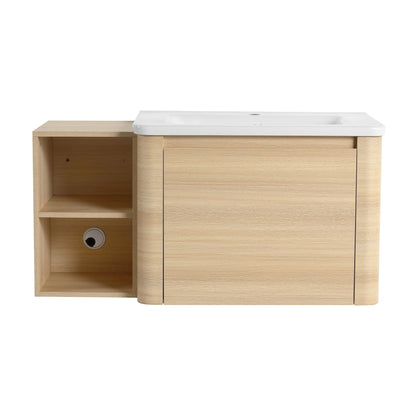40'' Wall - Mounted Bathroom Vanity with White Ceramic Sink and Storage Shelves & 1 - Soft - Close Door, KD - Packing, Plywood, American White Oak - 1st Choice Furniture Direct