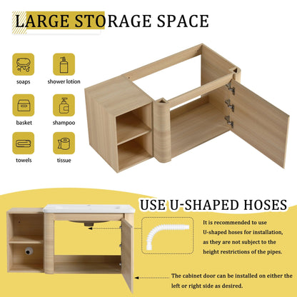 40'' Wall - Mounted Bathroom Vanity with White Ceramic Sink and Storage Shelves & 1 - Soft - Close Door, KD - Packing, Plywood, American White Oak - 1st Choice Furniture Direct