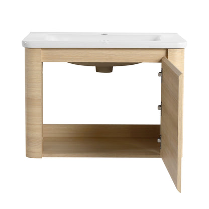 40'' Wall - Mounted Bathroom Vanity with White Ceramic Sink and Storage Shelves & 1 - Soft - Close Door, KD - Packing, Plywood, American White Oak - 1st Choice Furniture Direct