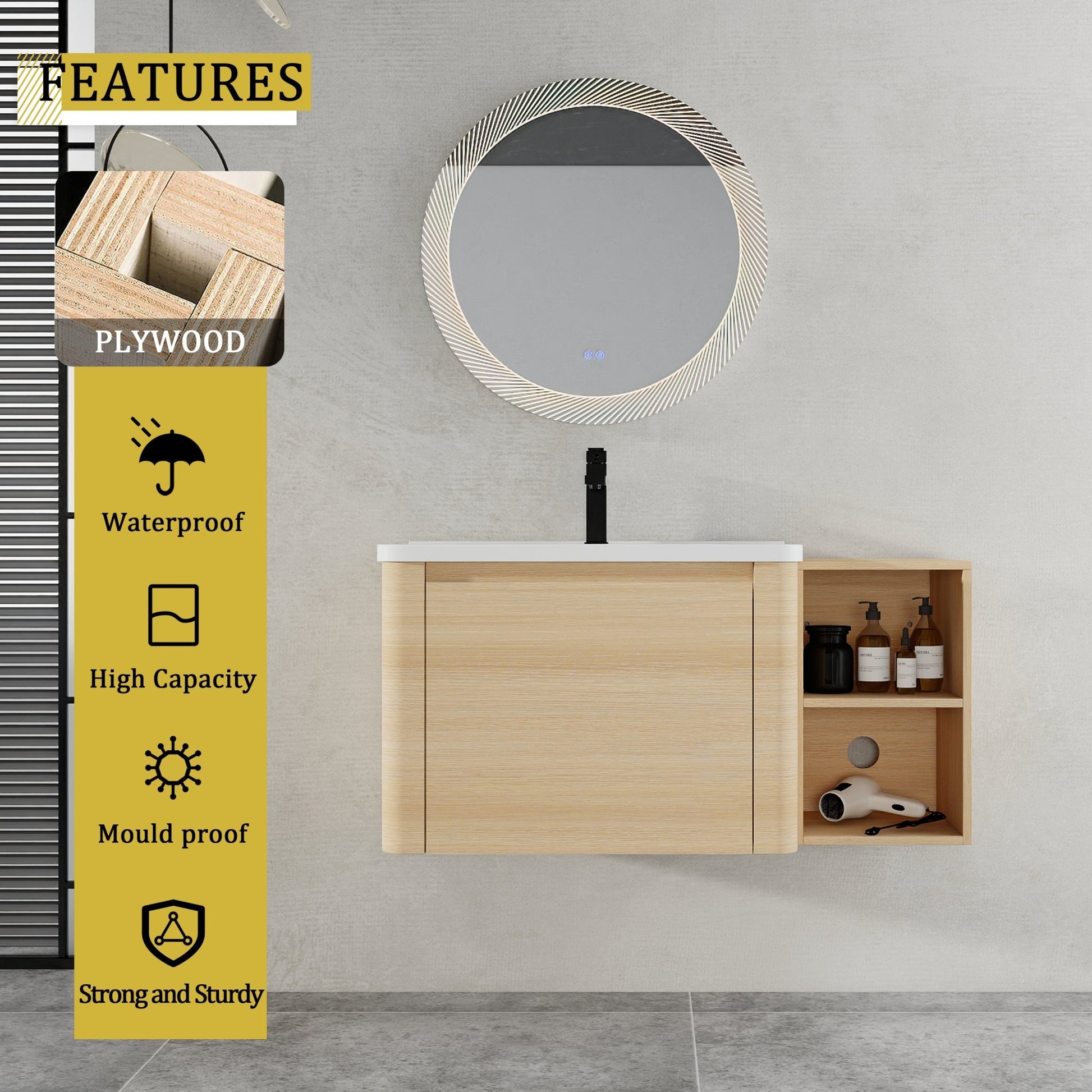 40'' Wall - Mounted Bathroom Vanity with White Ceramic Sink and Storage Shelves & 1 - Soft - Close Door, KD - Packing, Plywood, American White Oak - 1st Choice Furniture Direct