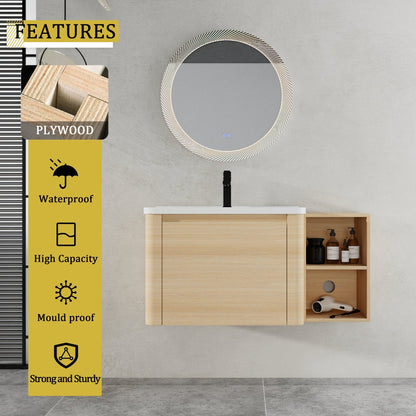 40'' Wall - Mounted Bathroom Vanity with White Ceramic Sink and Storage Shelves & 1 - Soft - Close Door, KD - Packing, Plywood, American White Oak - 1st Choice Furniture Direct
