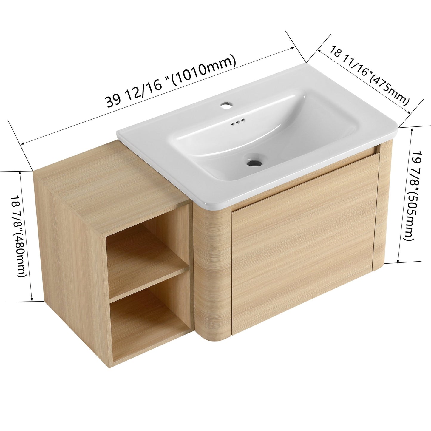 40'' Wall - Mounted Bathroom Vanity with White Ceramic Sink and Storage Shelves & 1 - Soft - Close Door, KD - Packing, Plywood, American White Oak - 1st Choice Furniture Direct