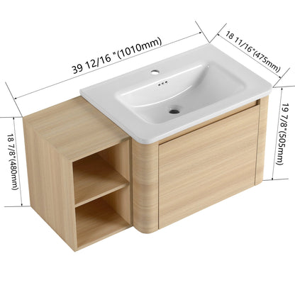 40'' Wall - Mounted Bathroom Vanity with White Ceramic Sink and Storage Shelves & 1 - Soft - Close Door, KD - Packing, Plywood, American White Oak - 1st Choice Furniture Direct