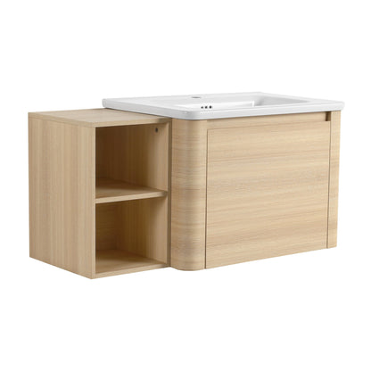 40'' Wall - Mounted Bathroom Vanity with White Ceramic Sink and Storage Shelves & 1 - Soft - Close Door, KD - Packing, Plywood, American White Oak - 1st Choice Furniture Direct