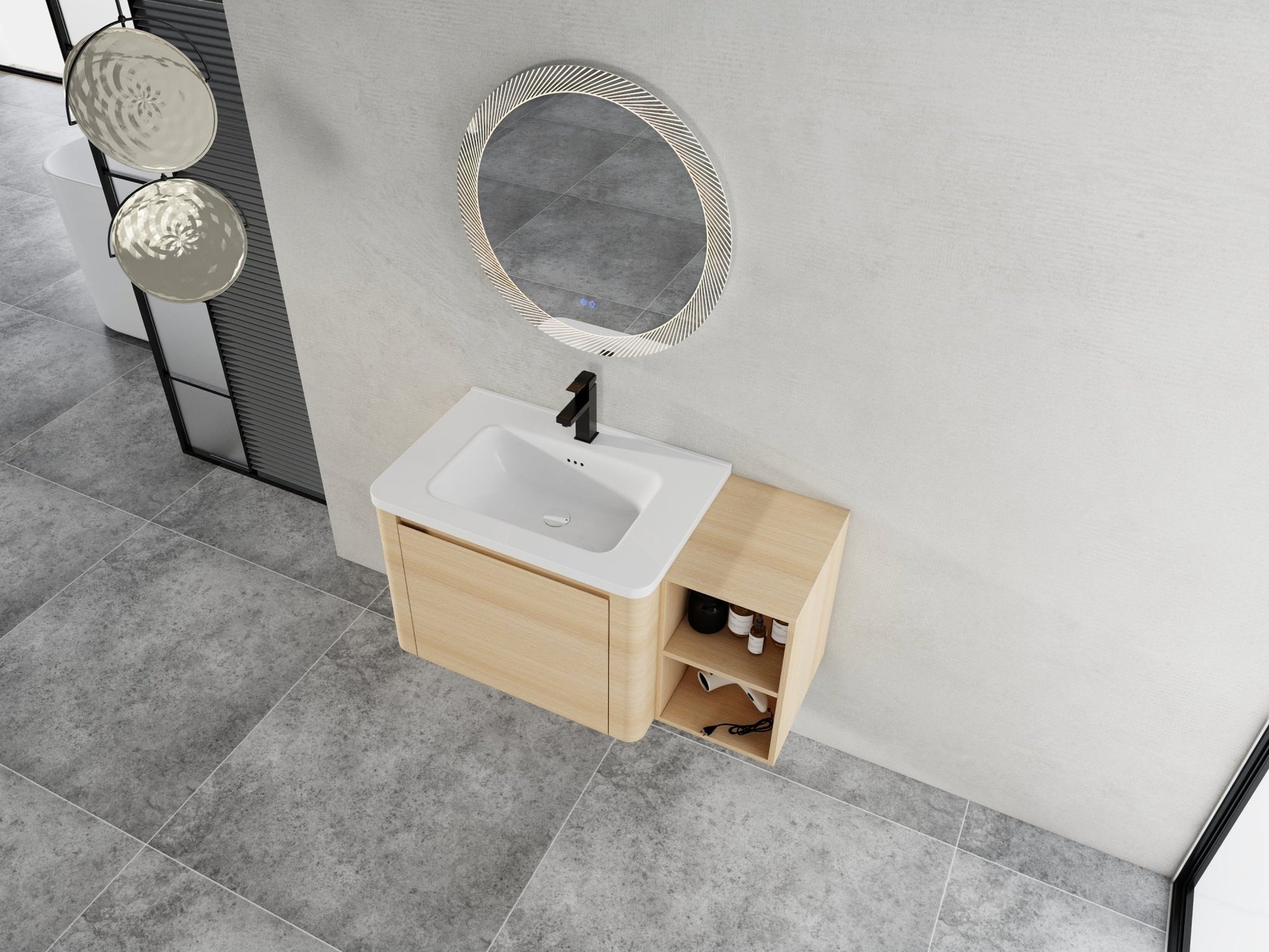 40'' Wall - Mounted Bathroom Vanity with White Ceramic Sink and Storage Shelves & 1 - Soft - Close Door, KD - Packing, Plywood, American White Oak - 1st Choice Furniture Direct