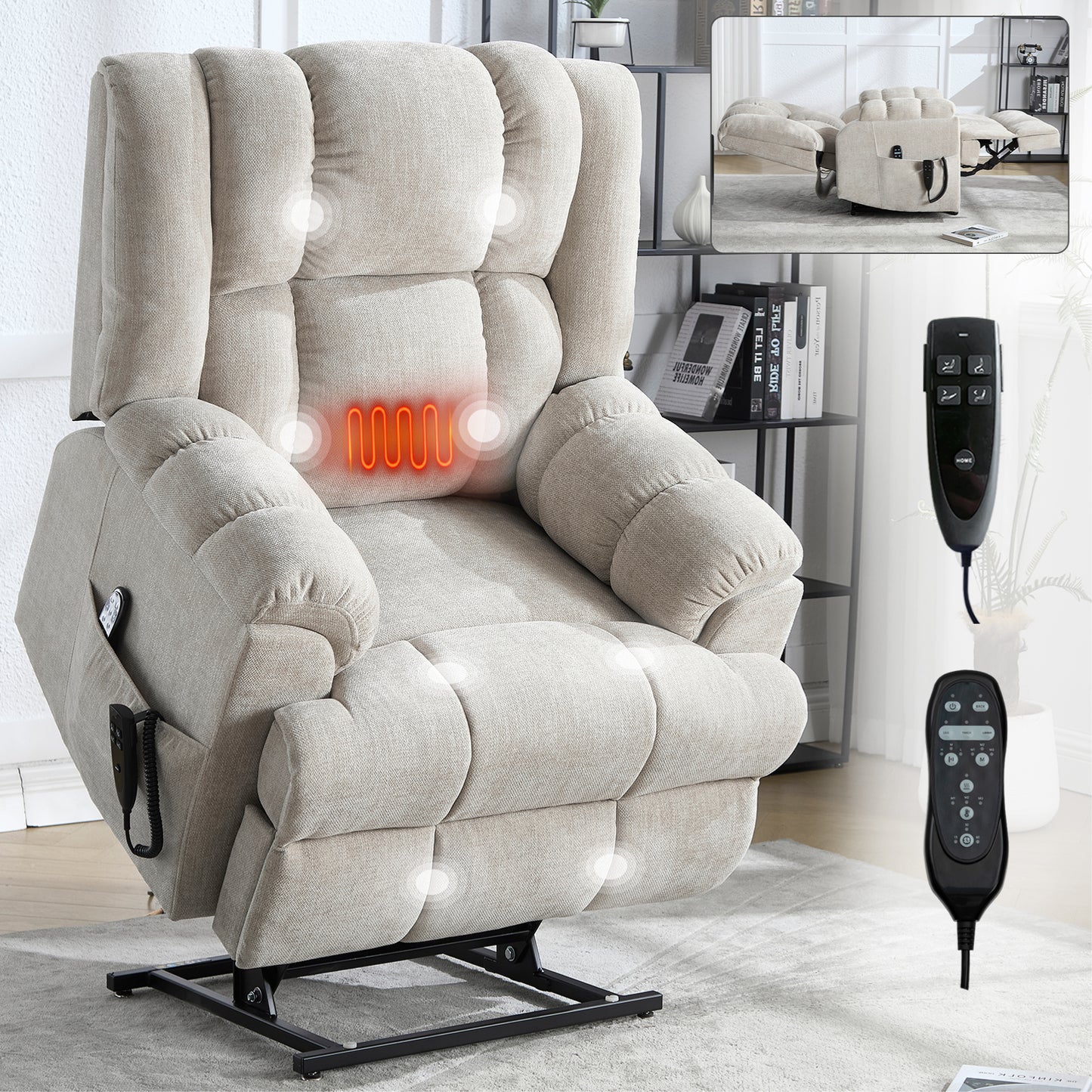 Power Lift Recliner Chair with Massage & Heat – Dual Motor Chenille Recliner, Beige