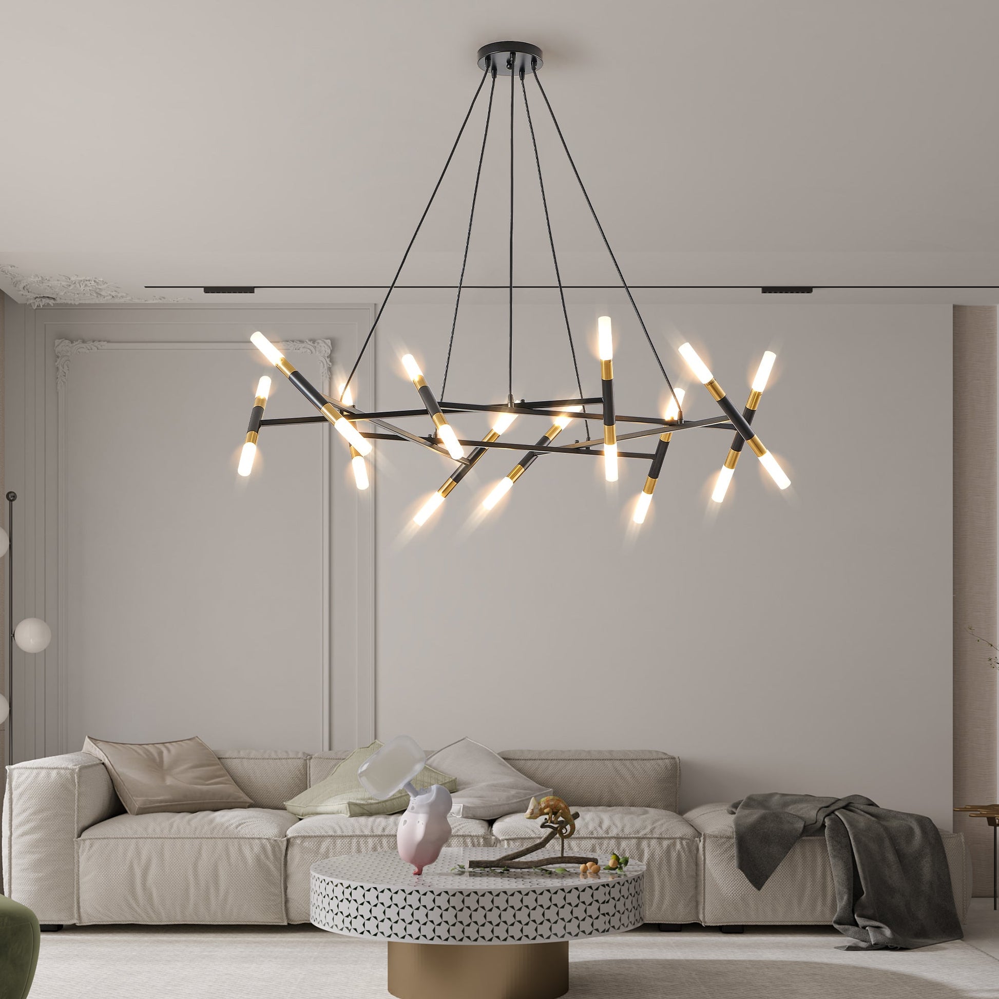 41' Black & Golden Modern Chandelier Light Fixture, Branch Design with Frosted Tubes, Black Cords, Adjustable Height Pendant Light for Dining Room, Living Room, or Kitchen Island (Bulb Not Included) - 1st Choice Furniture Direct