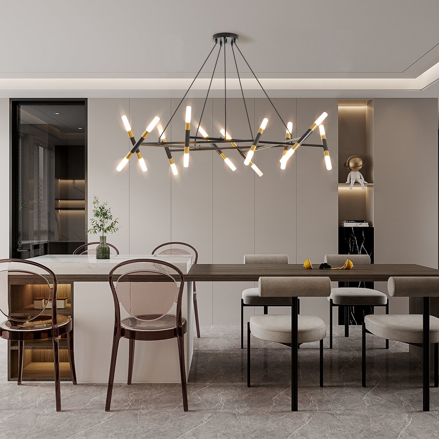 41' Black & Golden Modern Chandelier Light Fixture, Branch Design with Frosted Tubes, Black Cords, Adjustable Height Pendant Light for Dining Room, Living Room, or Kitchen Island (Bulb Not Included) - 1st Choice Furniture Direct