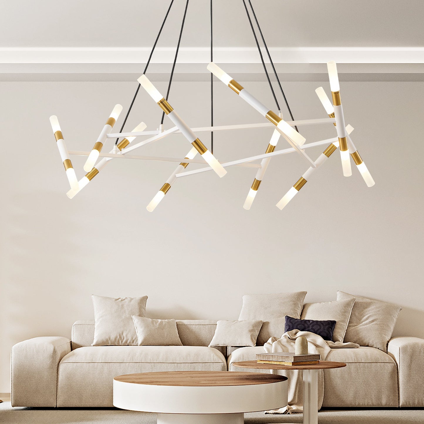 41' White & Golden Modern Chandelier Light Fixture, Branch Design with Frosted Tubes, Black Cords, Adjustable Height Pendant Light for Dining Room, Living Room, or Kitchen Island (Bulb Not Included) - 1st Choice Furniture Direct