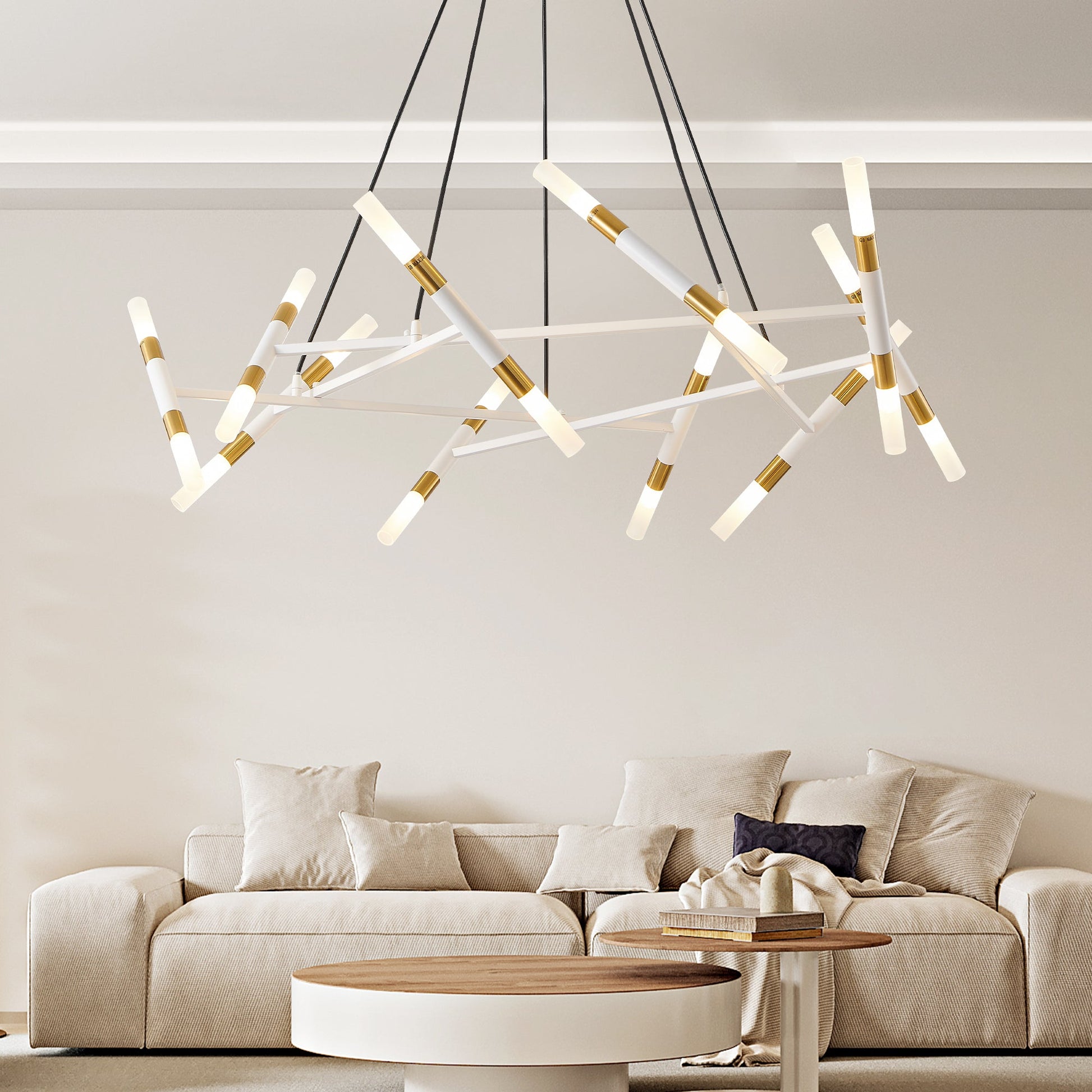 41' White & Golden Modern Chandelier Light Fixture, Branch Design with Frosted Tubes, Black Cords, Adjustable Height Pendant Light for Dining Room, Living Room, or Kitchen Island (Bulb Not Included) - 1st Choice Furniture Direct