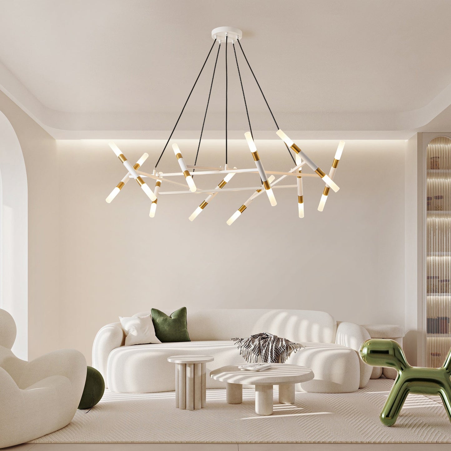 41' White & Golden Modern Chandelier Light Fixture, Branch Design with Frosted Tubes, Black Cords, Adjustable Height Pendant Light for Dining Room, Living Room, or Kitchen Island (Bulb Not Included) - 1st Choice Furniture Direct