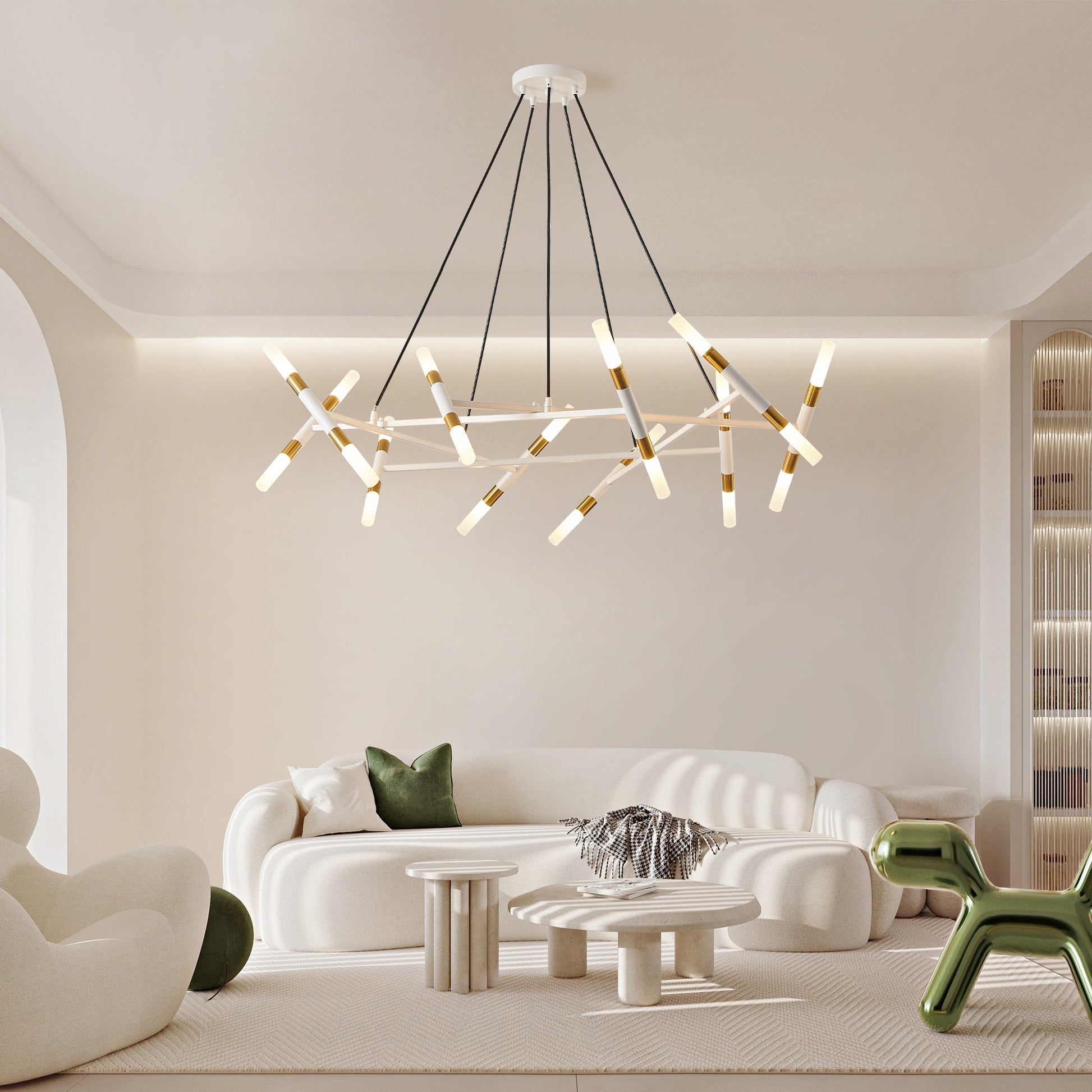 41' White & Golden Modern Chandelier Light Fixture, Branch Design with Frosted Tubes, Black Cords, Adjustable Height Pendant Light for Dining Room, Living Room, or Kitchen Island (Bulb Not Included) - 1st Choice Furniture Direct