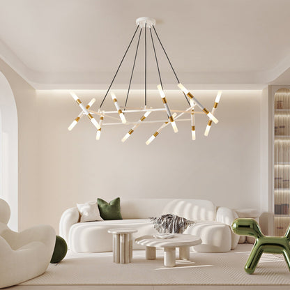 41' White & Golden Modern Chandelier Light Fixture, Branch Design with Frosted Tubes, Black Cords, Adjustable Height Pendant Light for Dining Room, Living Room, or Kitchen Island (Bulb Not Included) - 1st Choice Furniture Direct