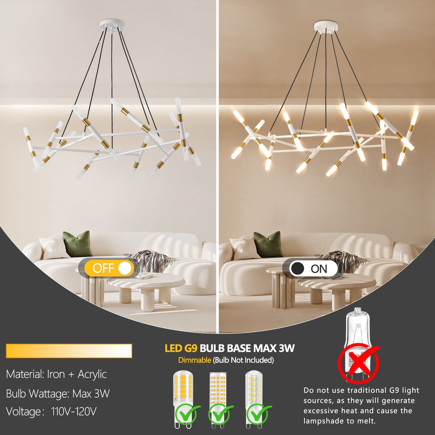 41' White & Golden Modern Chandelier Light Fixture, Branch Design with Frosted Tubes, Black Cords, Adjustable Height Pendant Light for Dining Room, Living Room, or Kitchen Island (Bulb Not Included) - 1st Choice Furniture Direct