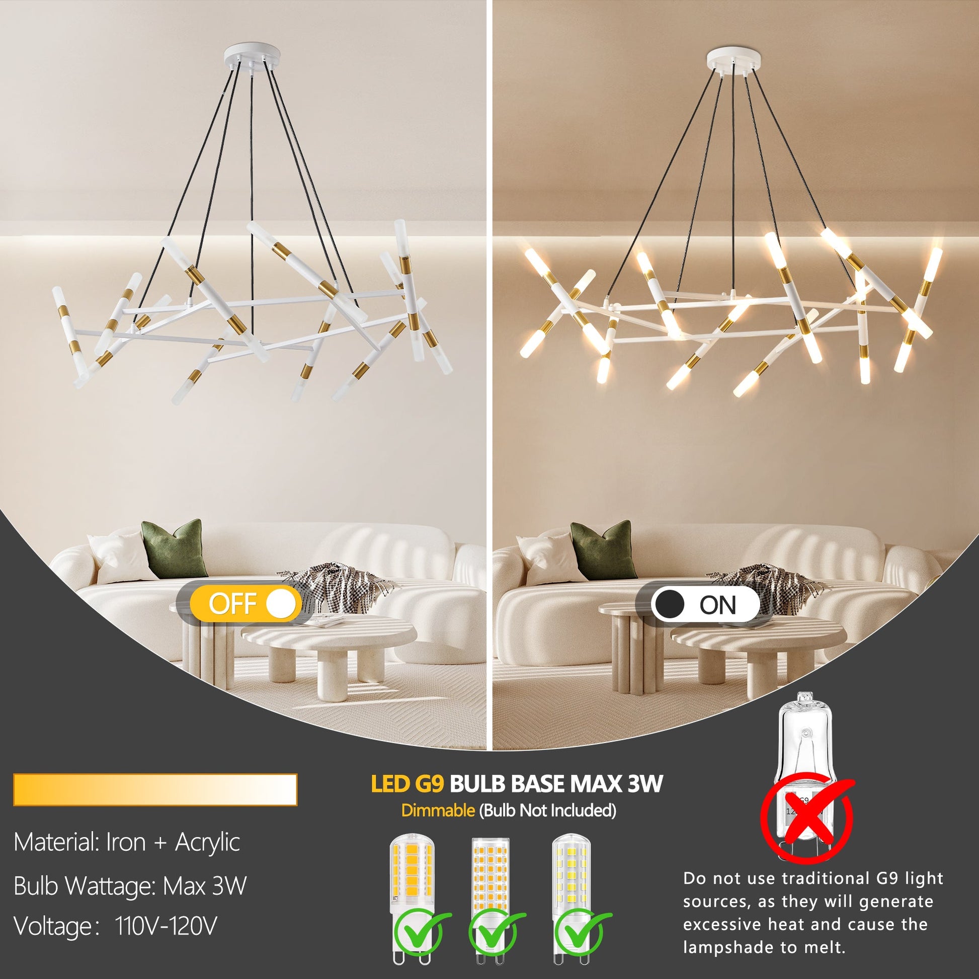 41' White & Golden Modern Chandelier Light Fixture, Branch Design with Frosted Tubes, Black Cords, Adjustable Height Pendant Light for Dining Room, Living Room, or Kitchen Island (Bulb Not Included) - 1st Choice Furniture Direct
