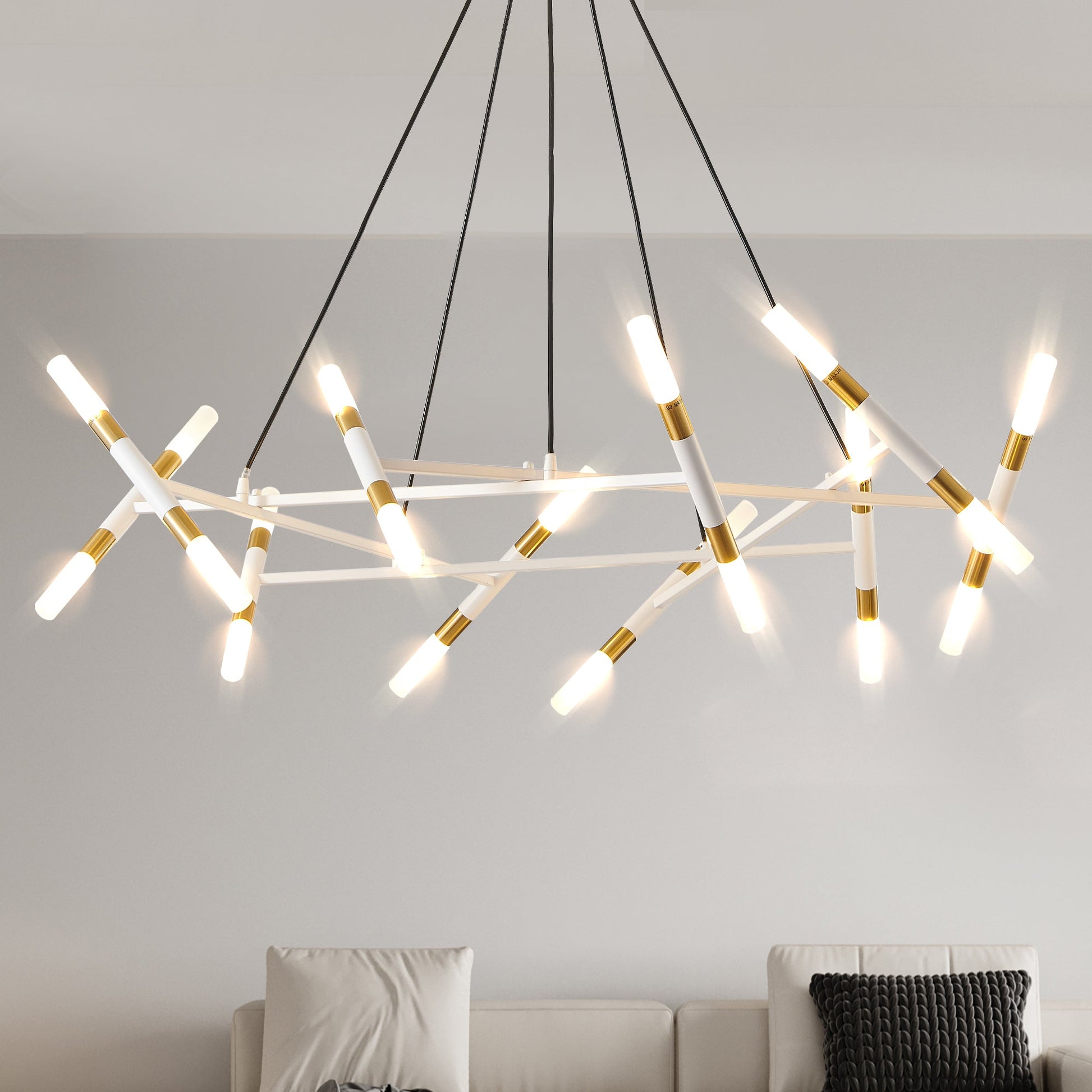 41' White & Golden Modern Chandelier Light Fixture, Branch Design with Frosted Tubes, Black Cords, Adjustable Height Pendant Light for Dining Room, Living Room, or Kitchen Island (Bulb Not Included) - 1st Choice Furniture Direct