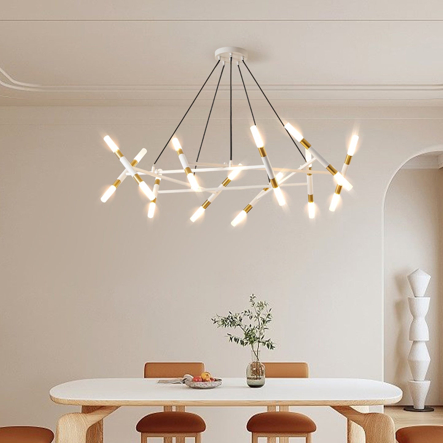 41' White & Golden Modern Chandelier Light Fixture, Branch Design with Frosted Tubes, Black Cords, Adjustable Height Pendant Light for Dining Room, Living Room, or Kitchen Island (Bulb Not Included) - 1st Choice Furniture Direct