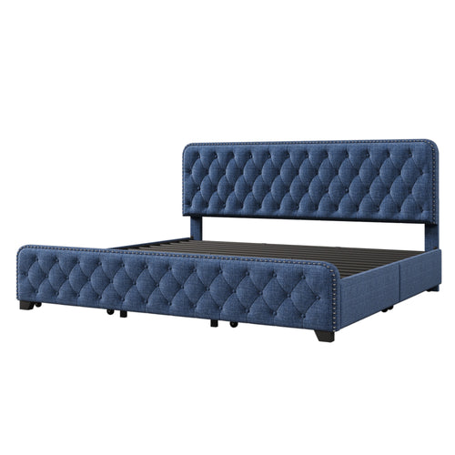 1st Choice Upholstered Platform King Bed Frame with Four Drawers in Blue