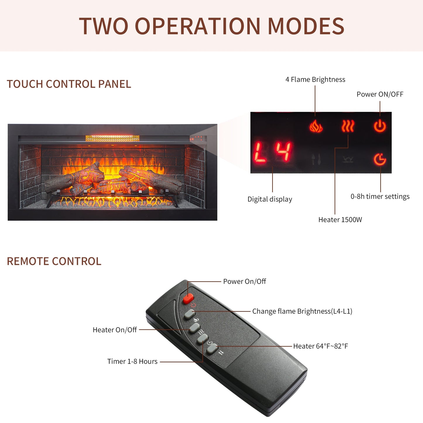 42 inch Infrared Electric Fireplace with Removable Trim kit Insert, Touch Panel Home Decor Heater - 1st Choice Furniture Direct