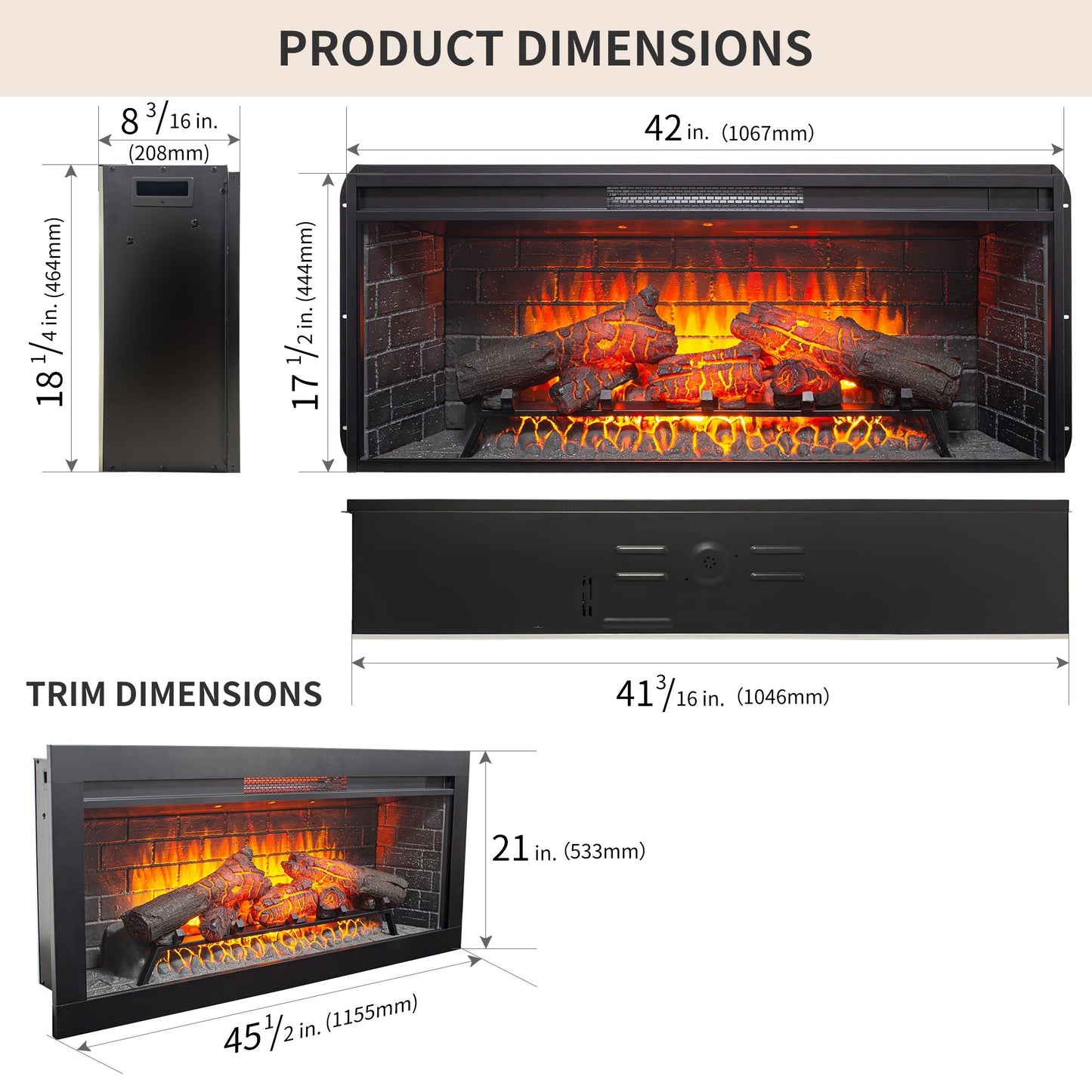 42 inch Infrared Electric Fireplace with Removable Trim kit Insert, Touch Panel Home Decor Heater - 1st Choice Furniture Direct
