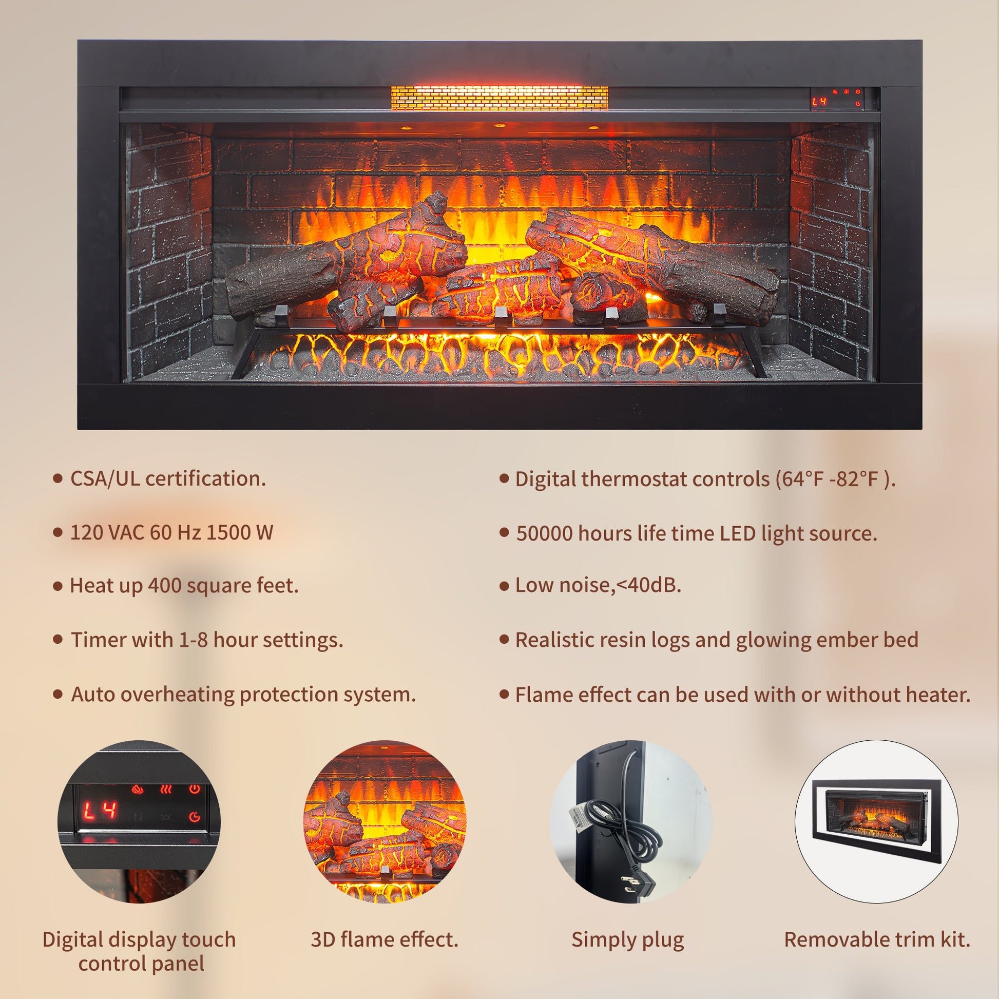 42 inch Infrared Electric Fireplace with Removable Trim kit Insert, Touch Panel Home Decor Heater - 1st Choice Furniture Direct